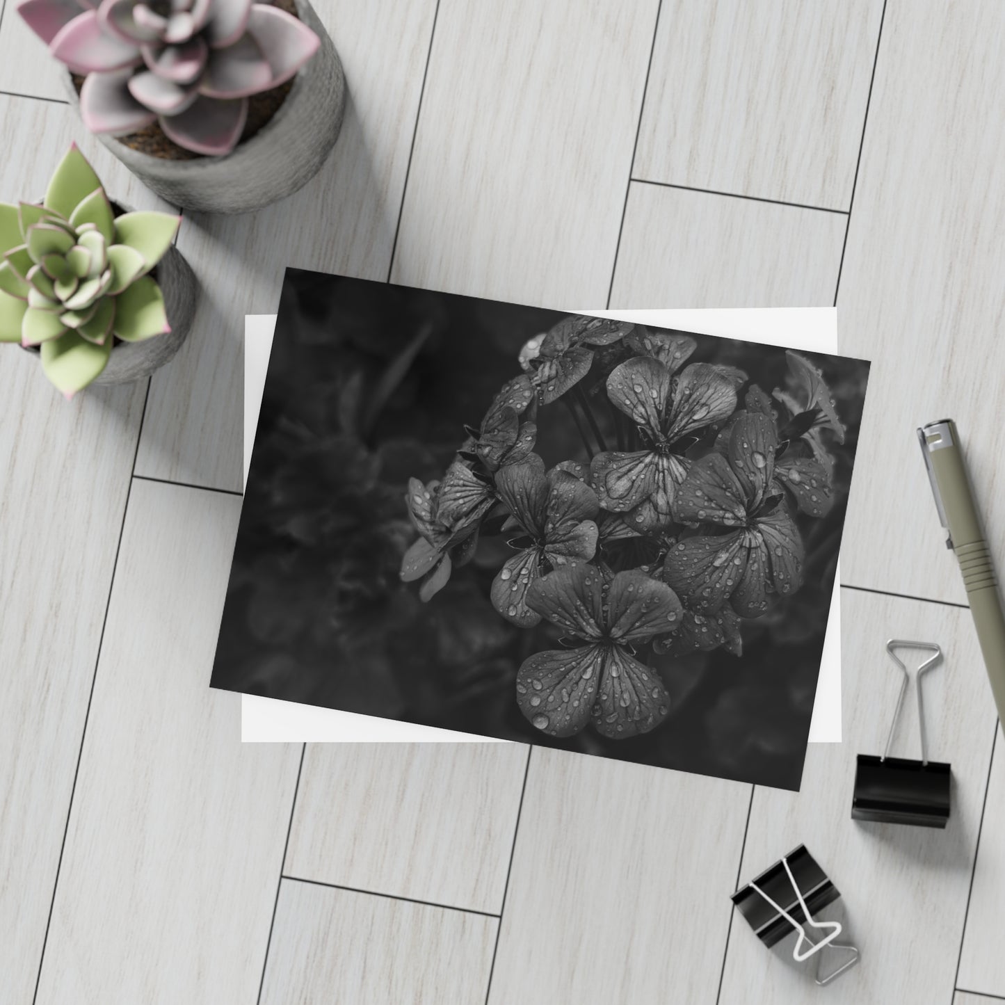 Geranium After a Light Rain Postcard – Moody Botanical Photography, Monochrome Floral Stationery for Thoughtful Correspondence