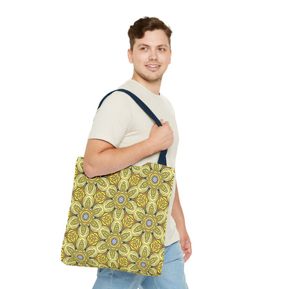 Retro Yellow Flowers Tote Bag – Geometric Floral Pattern Reusable Shopping Bag