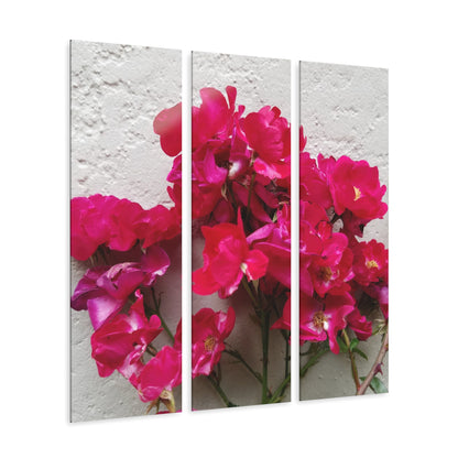 Bougainvillea Against White Stucco Wall Acrylic Triptych – Mediterranean Floral Photography Print for Bright Minimalist Decor