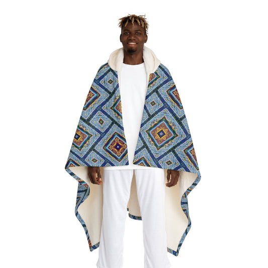 Blue Fusion Tiling Hooded Blanket – Blue Geometric Wearable Throw, Modern Tile Pattern for Cozy Comfort