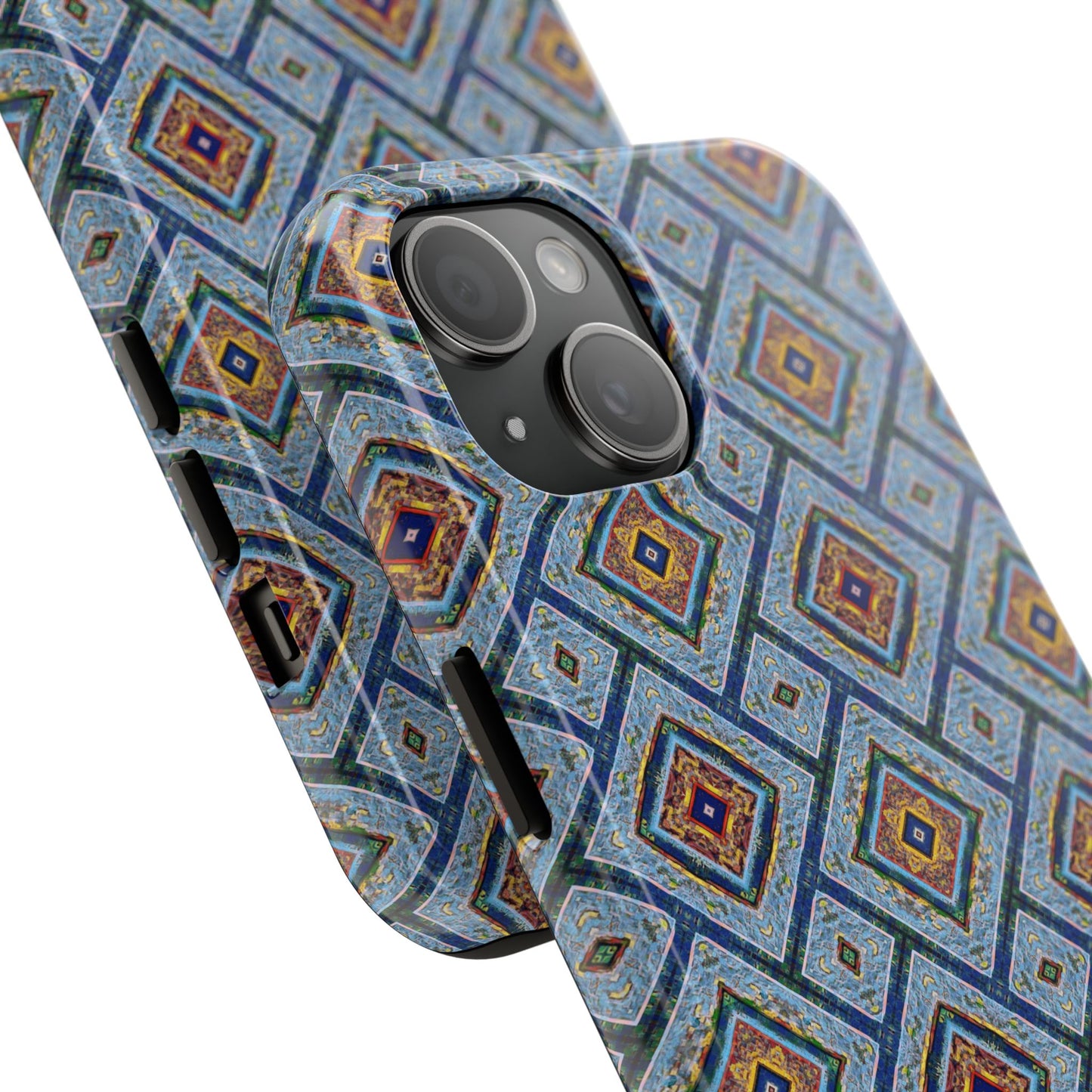 Blue Fusion Tiling Tough Case – Blue Geometric Phone Case, Modern Diamond Pattern Cover, Abstract Tile Design