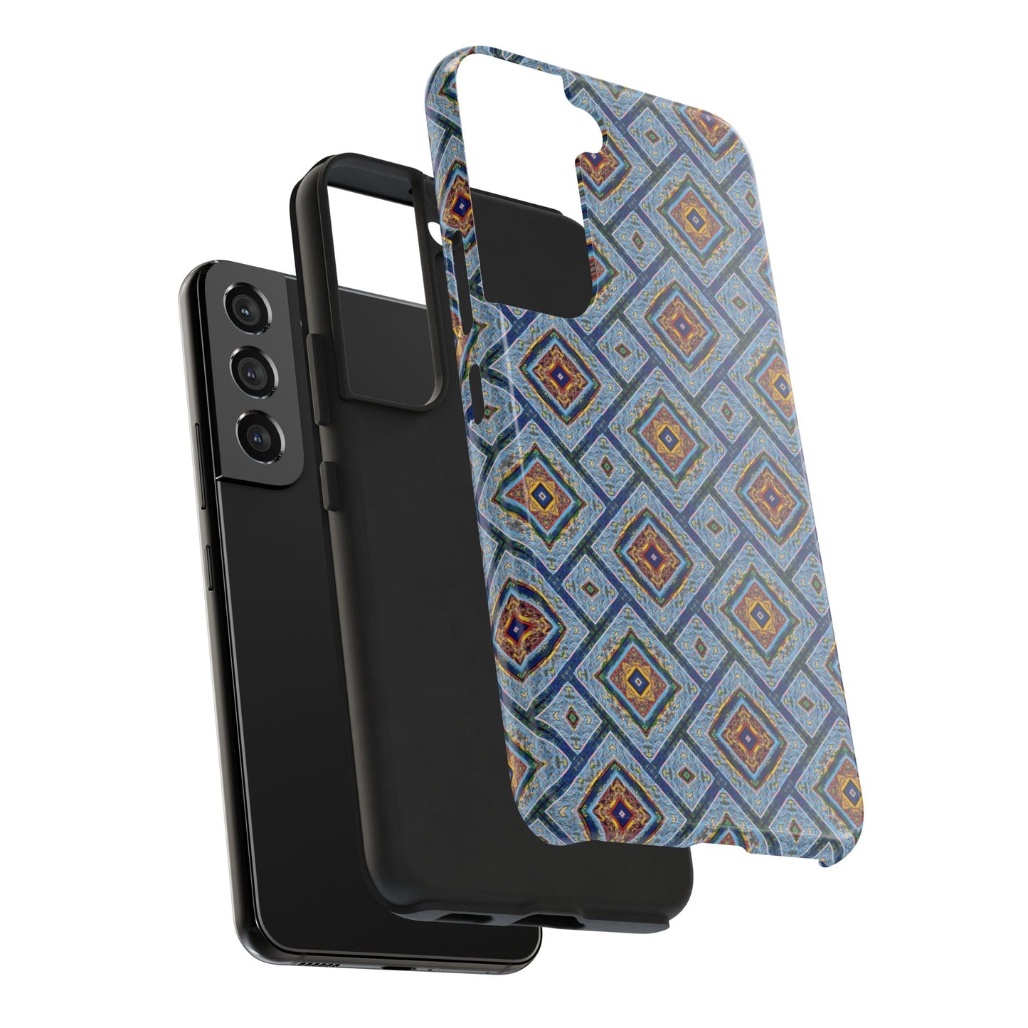 Blue Fusion Tiling Tough Case – Blue Geometric Phone Case, Modern Diamond Pattern Cover, Abstract Tile Design