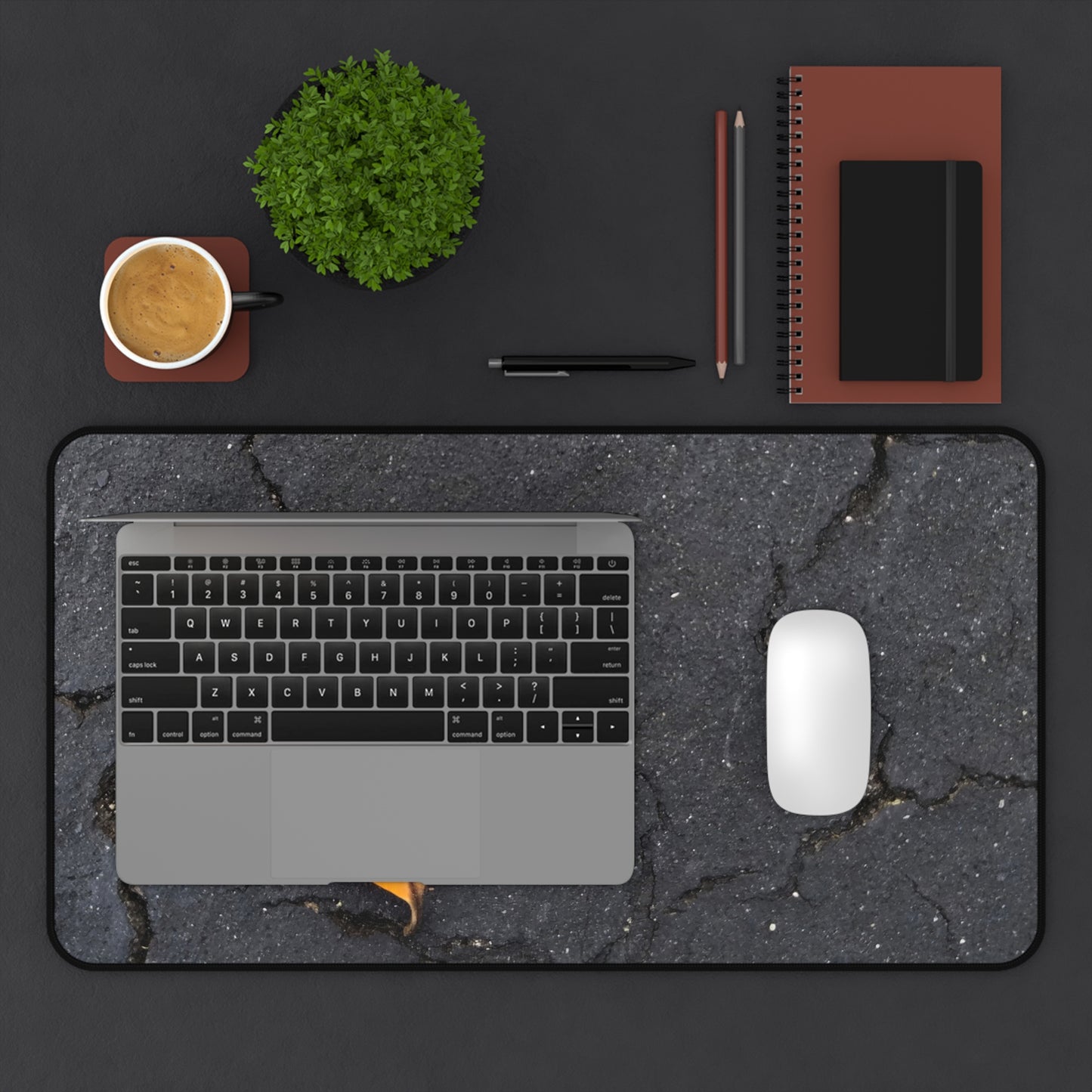 Orange Leaf Against Black Concrete Desk Mat – Minimalist Modern Nature-Inspired Tabletop Decor