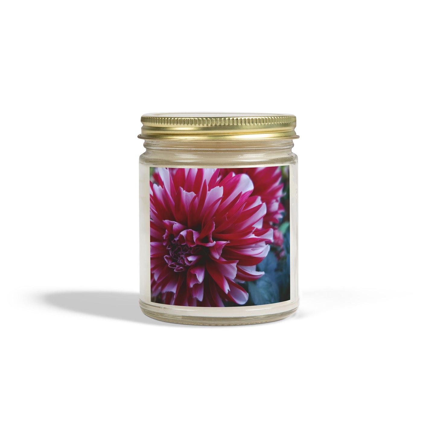Red and White Dahlia Jar Candle – Botanical Flower Photo Candle for Cozy Floral Home Decor
