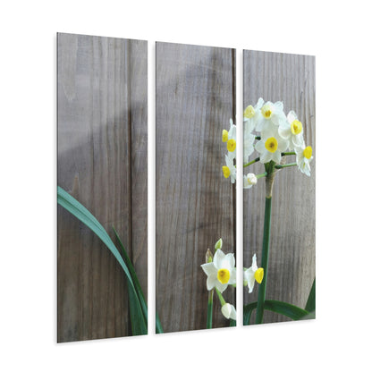 Daffodils by the Fence Acrylic Triptych – Rustic Floral Wall Art for Spring Garden Decor