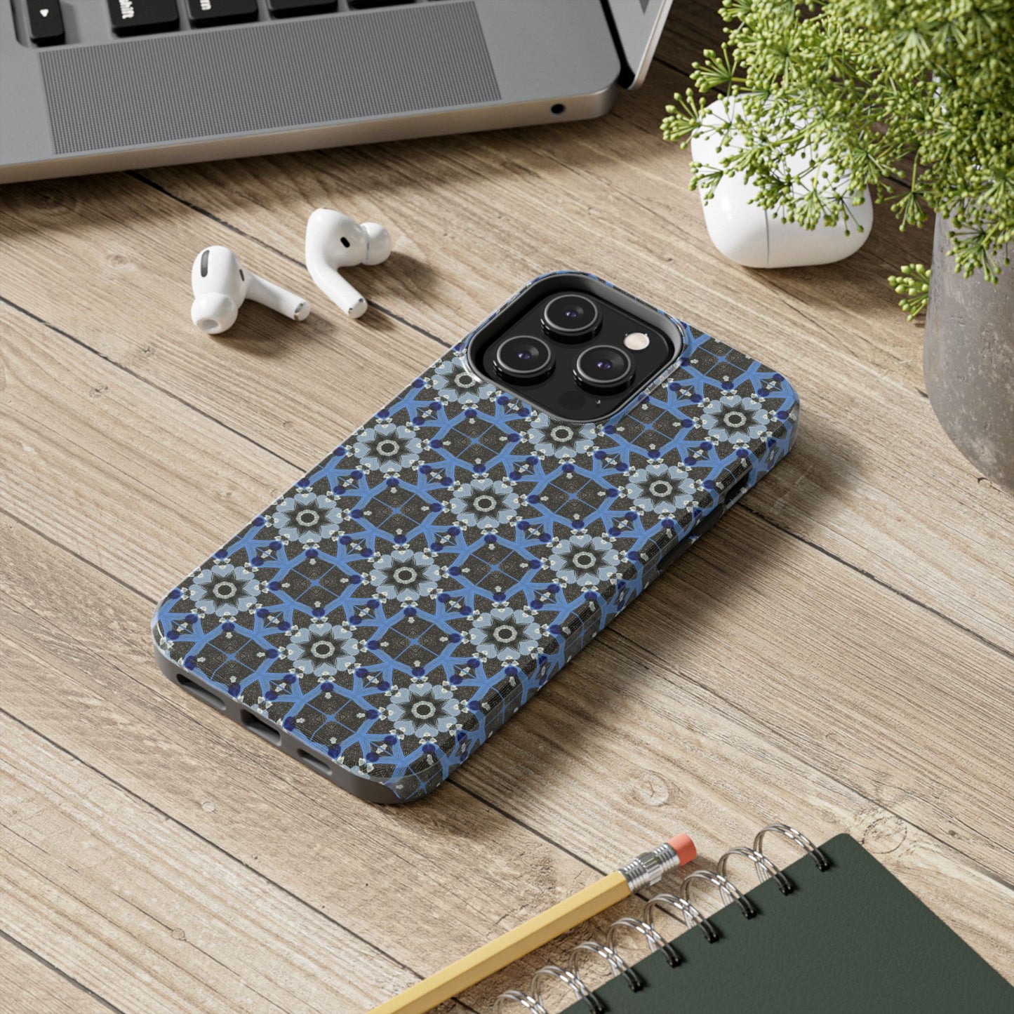 Blue Quilt Pattern Phone Case – Geometric Floral Protective Cover for iPhone & Android Models
