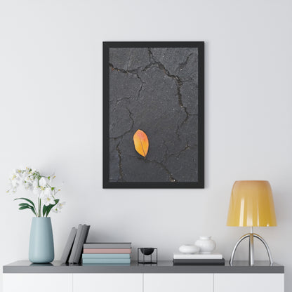 Orange Leaf on Black Concrete Framed Print – Minimalist Autumn Wall Art for Urban and Modern Rustic Decor
