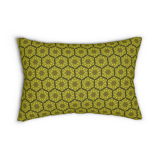 Golden Honeycomb Sunflower Lumbar Pillow – Hexagon Tile Pattern Cushion for Modern Boho or Earth Tone Decor