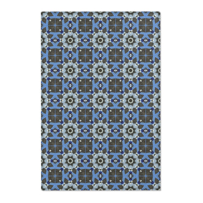 Blue Quilt Pattern Area Rug – Quilted Geometric Floor Mat, Patchwork Vintage Tile Living Room Accent