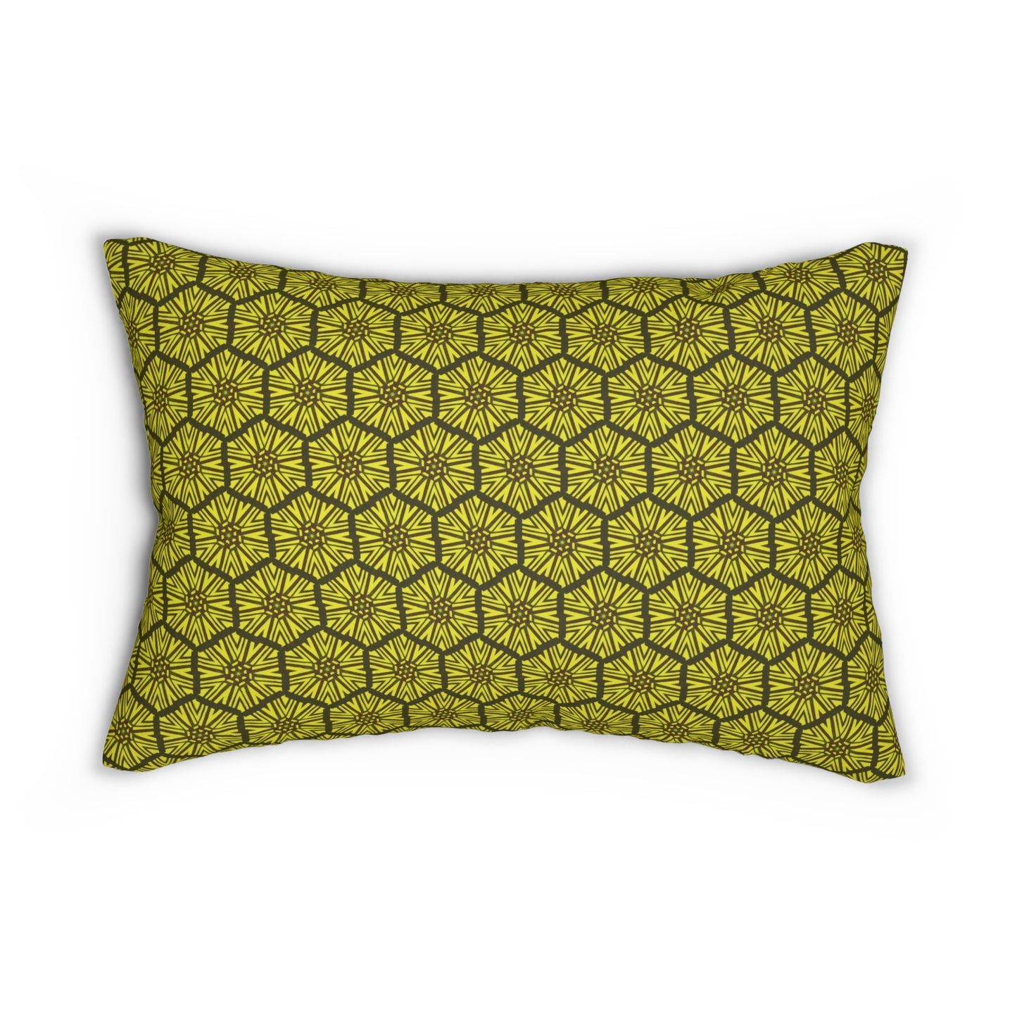 Golden Honeycomb Sunflower Lumbar Pillow – Hexagon Tile Pattern Cushion for Modern Boho or Earth Tone Decor