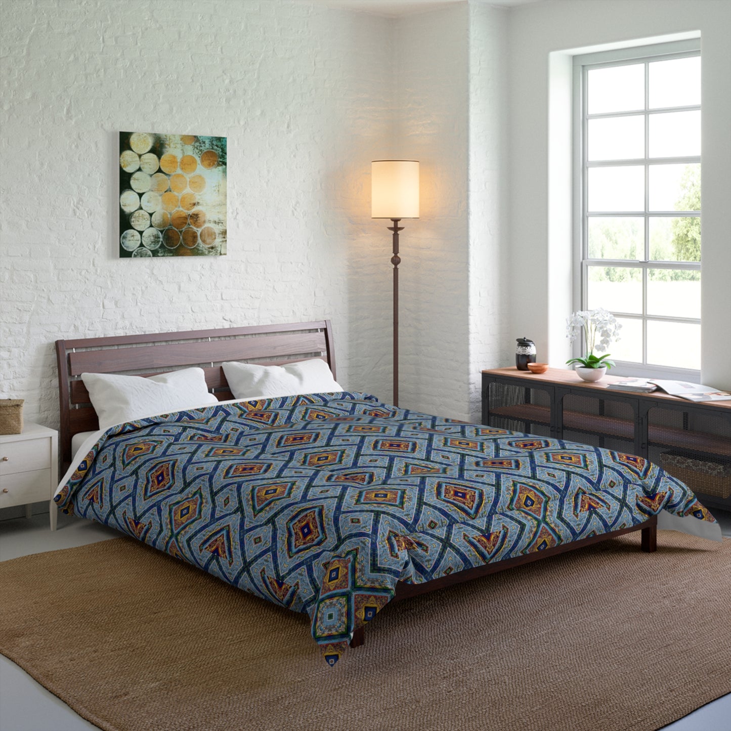 Blue Fusion Tiling Comforter – Blue Geometric Bedding, Modern Tile Pattern, Diamond Design Comforter for Bedroom