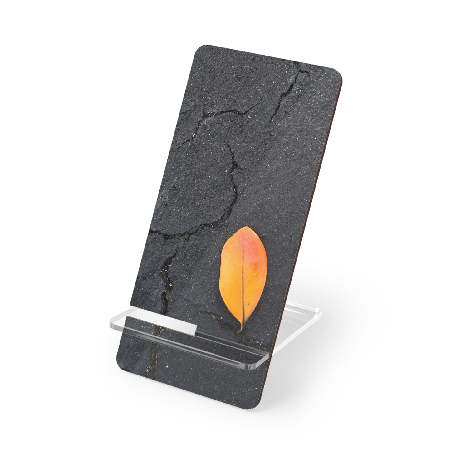 Orange Leaf Against Black Concrete Phone Stand – Minimalist Nature Photography Phone Holder