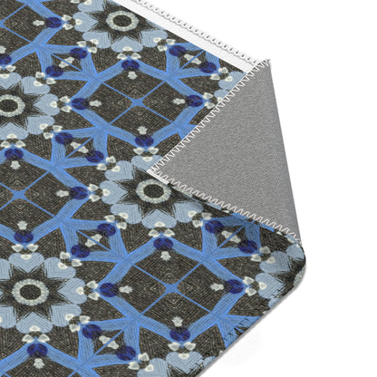 Blue Quilt Pattern Area Rug – Quilted Geometric Floor Mat, Patchwork Vintage Tile Living Room Accent