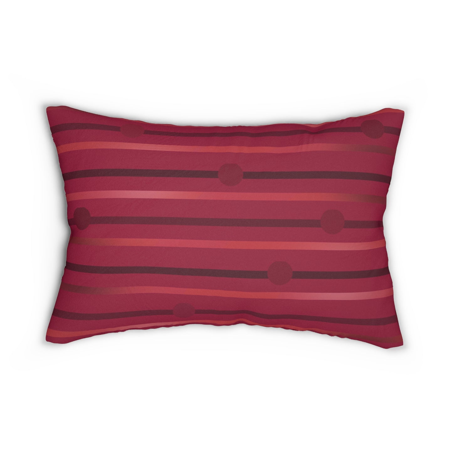 Red Striped Lumbar Pillow – Warm Burgundy and Dot Pattern Cushion for Modern or Retro Home Decor