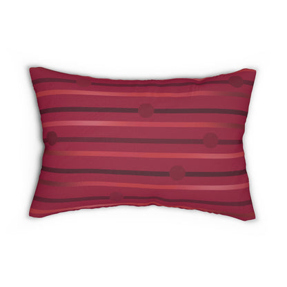 Red Striped Lumbar Pillow – Warm Burgundy and Dot Pattern Cushion for Modern or Retro Home Decor