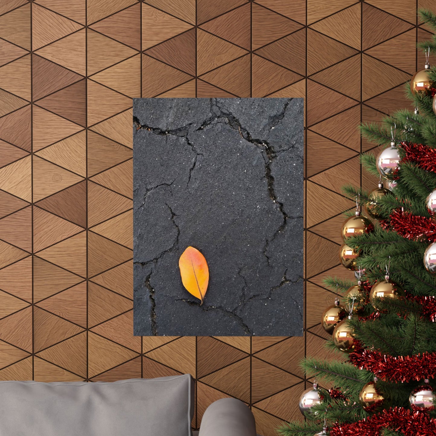 Orange Leaf Against Black Concrete Poster – Minimalist Nature Photography Wall Art