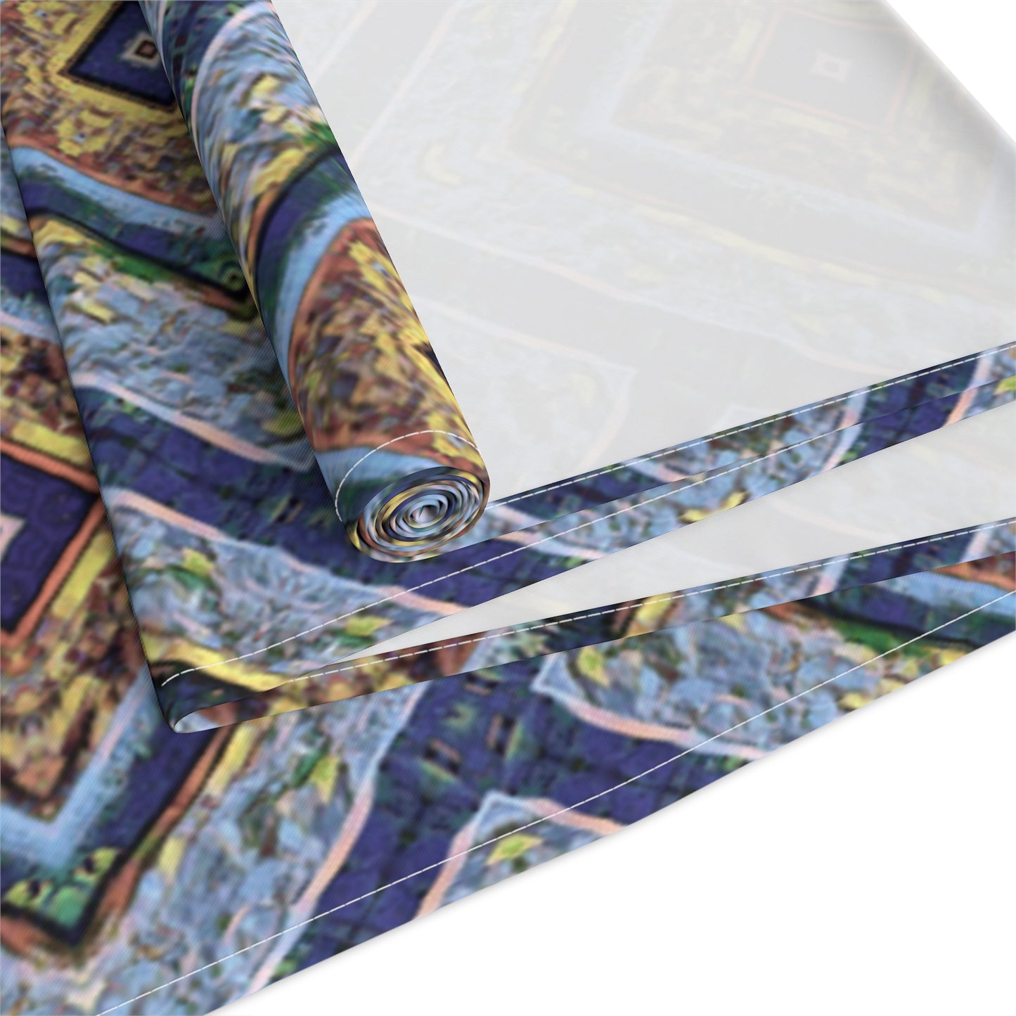 Blue Fusion Tiling Table Runner – Blue Geometric Dining Decor, Modern Tile Pattern Runner
