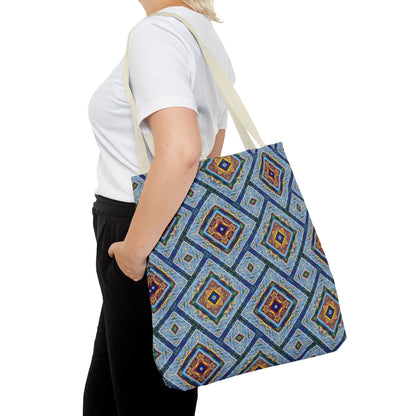 Blue Fusion Tiling Tote Bag – Blue Geometric Canvas, Modern Tile Pattern, Diamond Design Everyday Bag