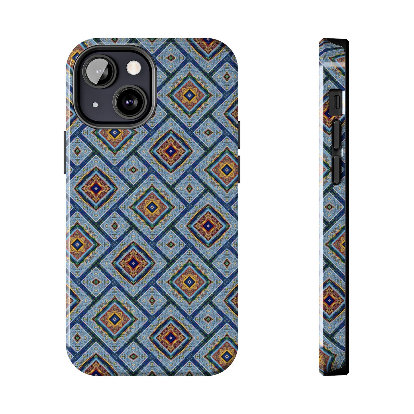 Blue Fusion Tiling Tough Case – Blue Geometric Phone Case, Modern Diamond Pattern Cover, Abstract Tile Design