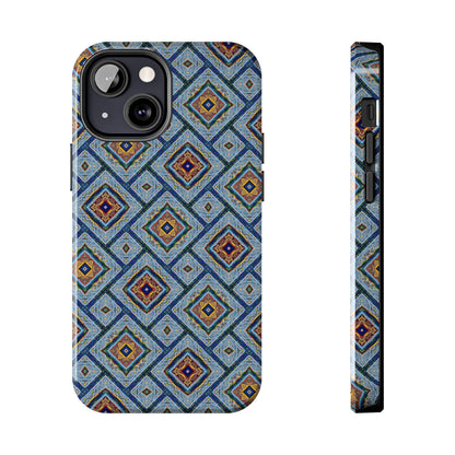 Blue Fusion Tiling Tough Case – Blue Geometric Phone Case, Modern Diamond Pattern Cover, Abstract Tile Design