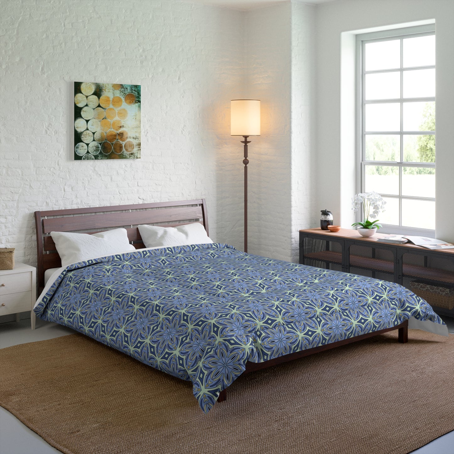 cozy cottagecore comforter in soft blues and golds