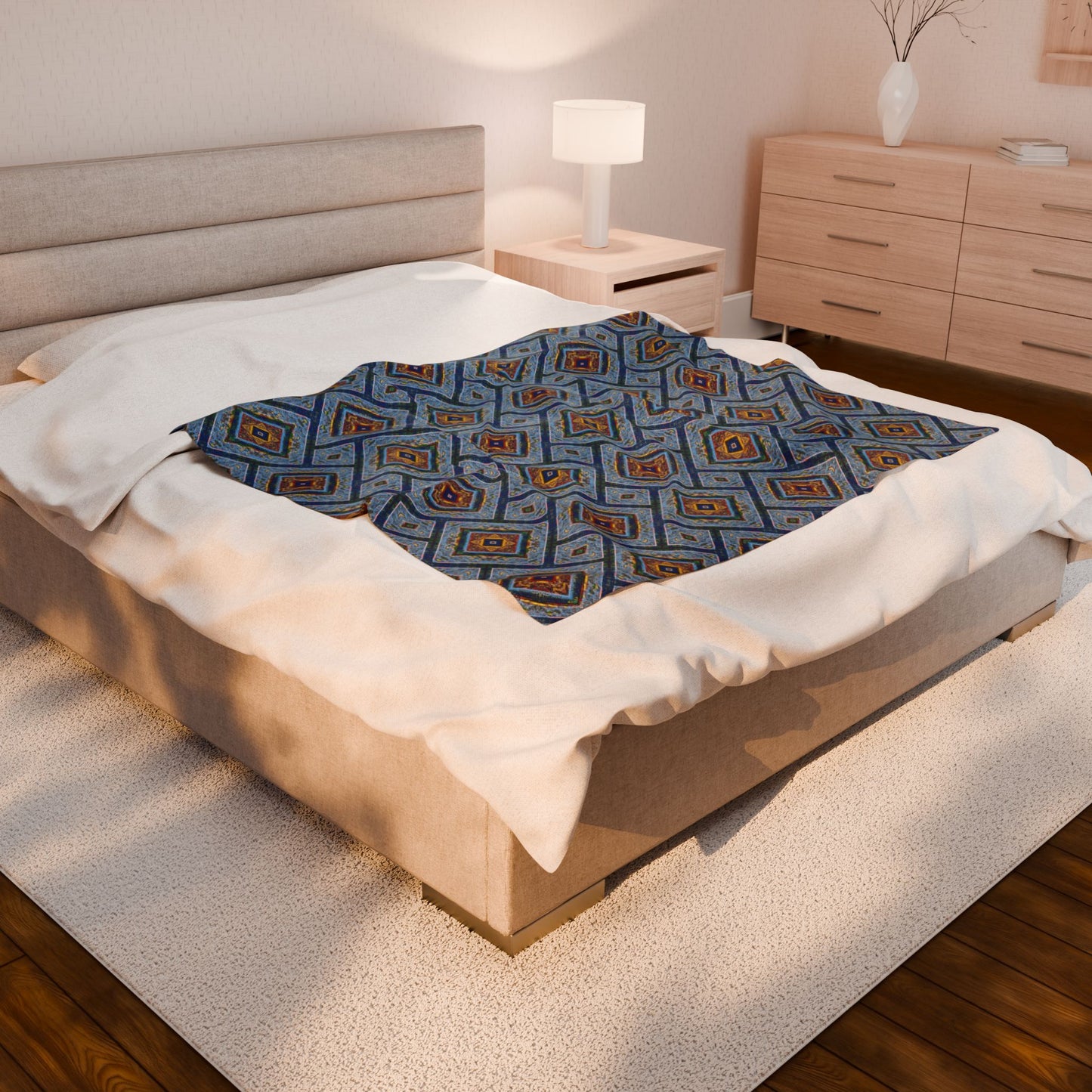 Blue Fusion Tiling Plush Velveteen Blanket – Blue Geometric Throw, Modern Tile Diamond Pattern, Cozy Abstract Blanket