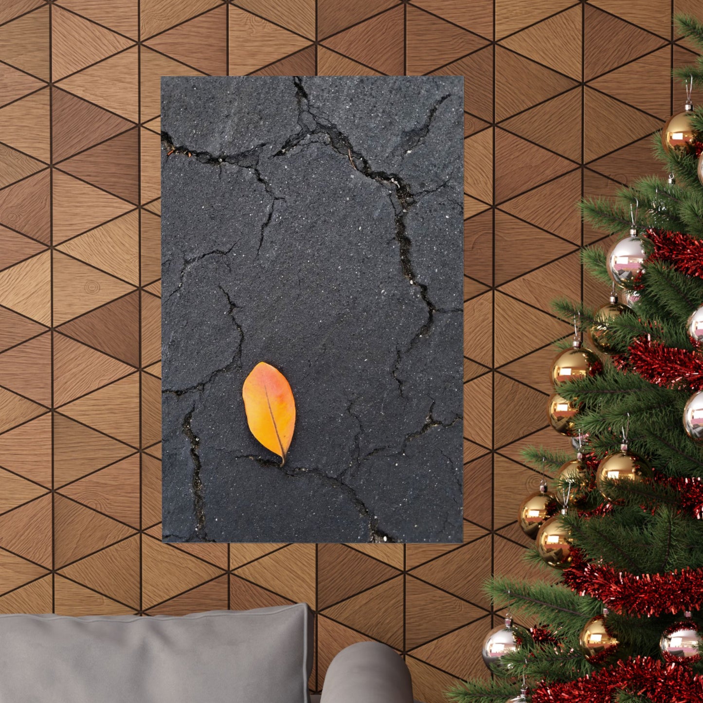 Orange Leaf Against Black Concrete Poster – Minimalist Nature Photography Wall Art