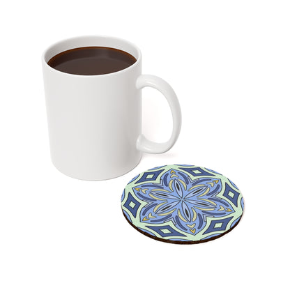 Pale Cornflower Blue and Yellow Coaster Set – Geometric Mandala Cork Backed Coasters for Modern Home Decor