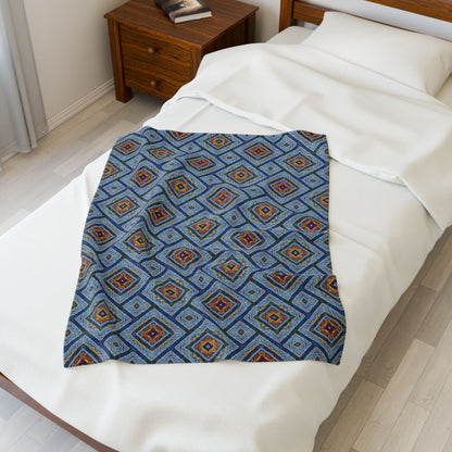 Blue Fusion Tiling Plush Velveteen Blanket – Blue Geometric Throw, Modern Tile Diamond Pattern, Cozy Abstract Blanket