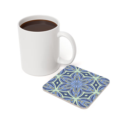 Pale Cornflower Blue and Yellow Coaster Set – Geometric Mandala Cork Backed Coasters for Modern Home Decor