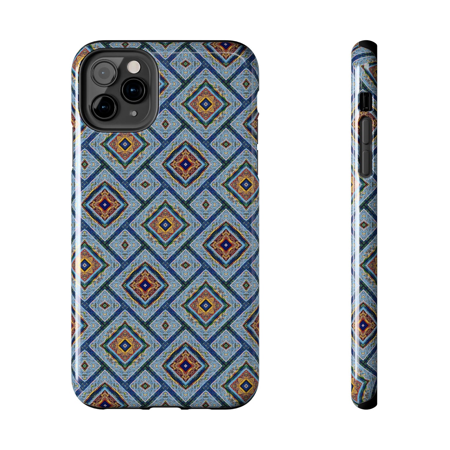 Blue Fusion Tiling Tough Case – Blue Geometric Phone Case, Modern Diamond Pattern Cover, Abstract Tile Design