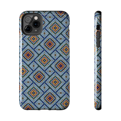Blue Fusion Tiling Tough Case – Blue Geometric Phone Case, Modern Diamond Pattern Cover, Abstract Tile Design