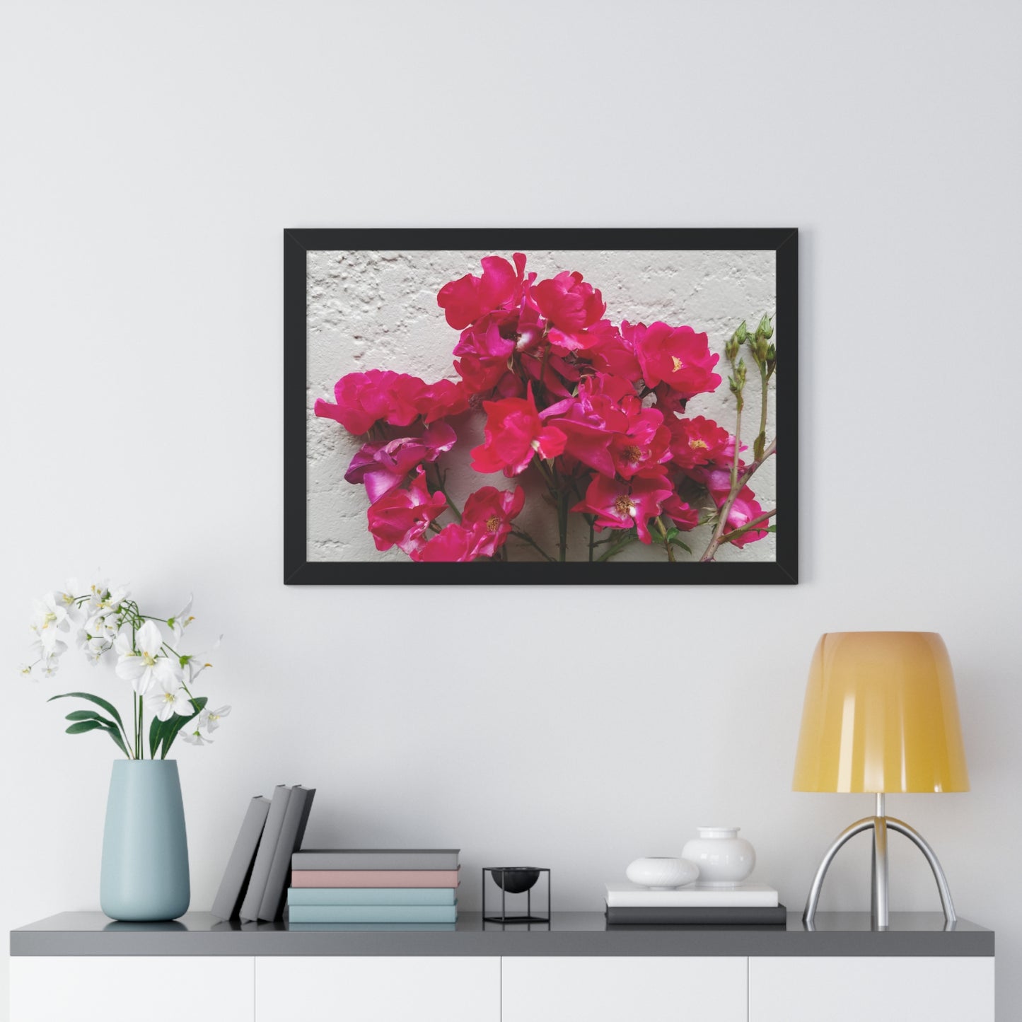 Bougainvillea Against White Stucco Wall Framed Print – Mediterranean Floral Wall Art, Summer Bloom Botanical Decor