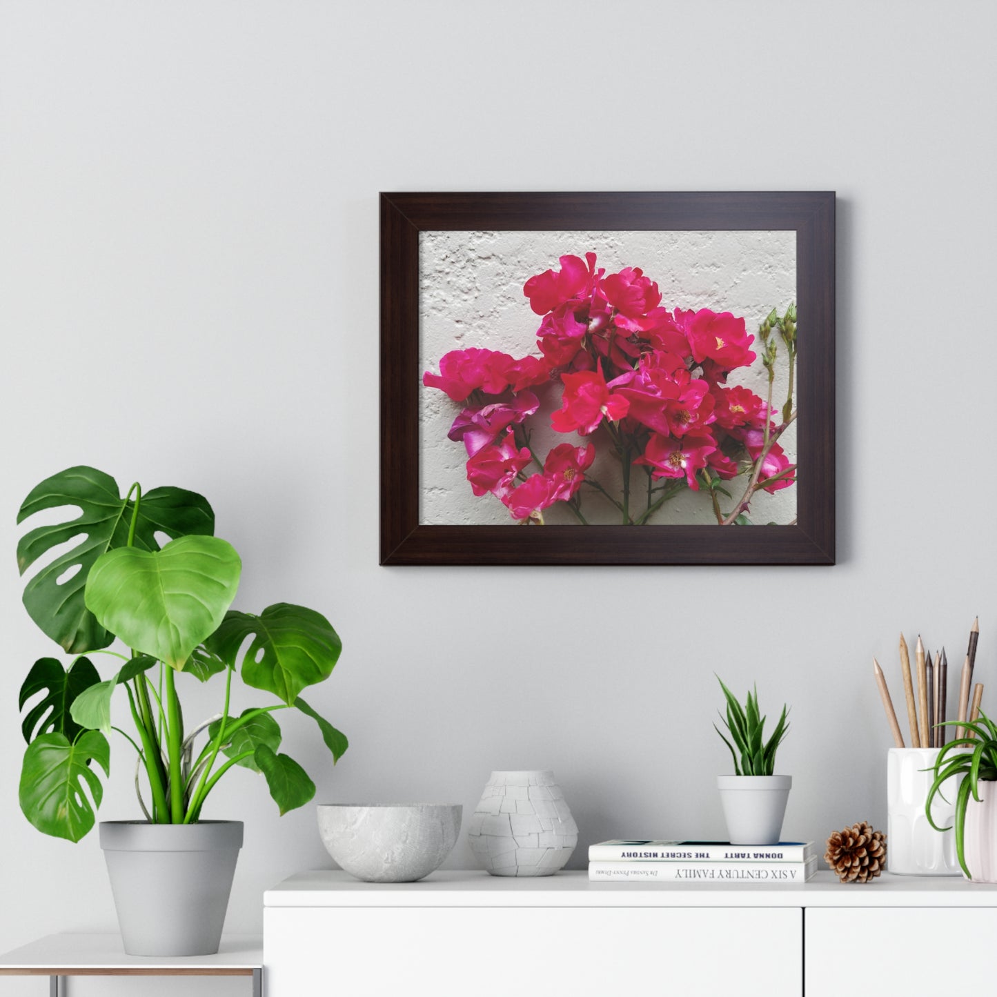 Bougainvillea Against White Stucco Wall Framed Print – Mediterranean Floral Wall Art, Summer Bloom Botanical Decor