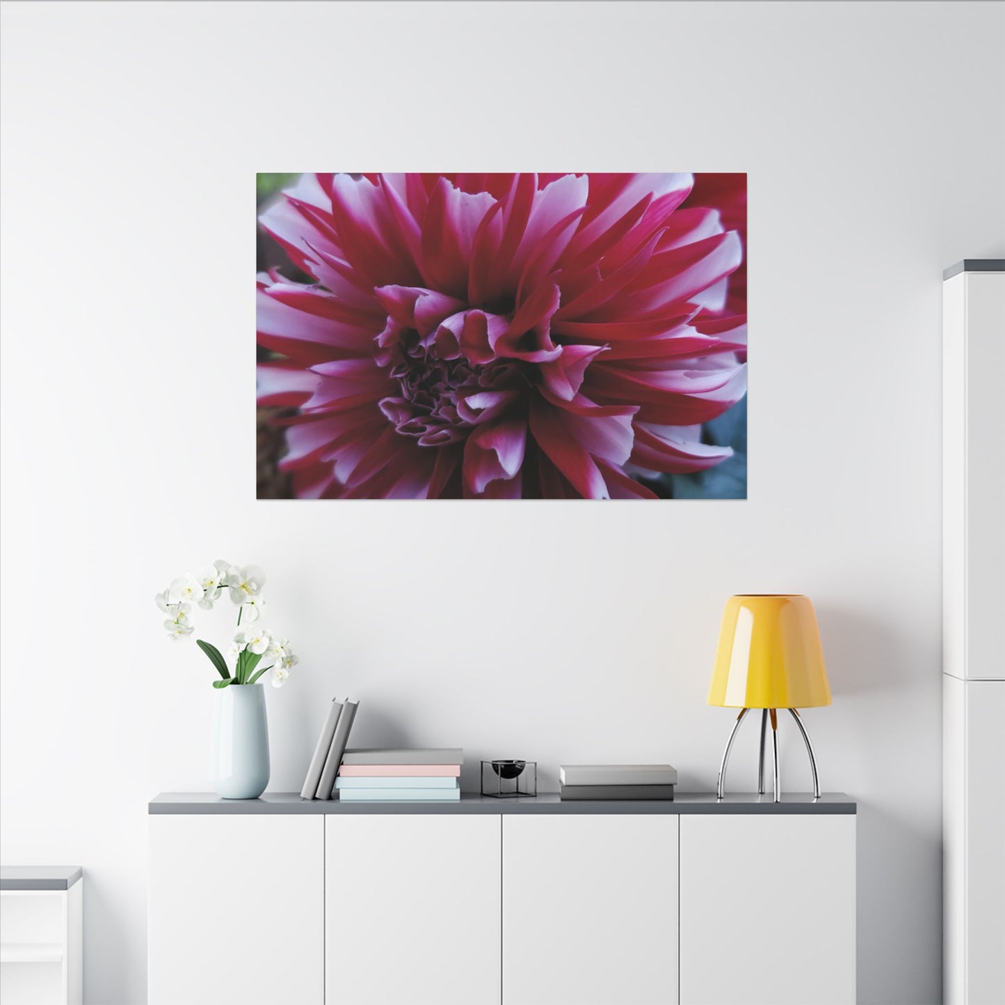 Red and White Dahlia Canvas Print – Bright Floral Nature Photography Wall Art