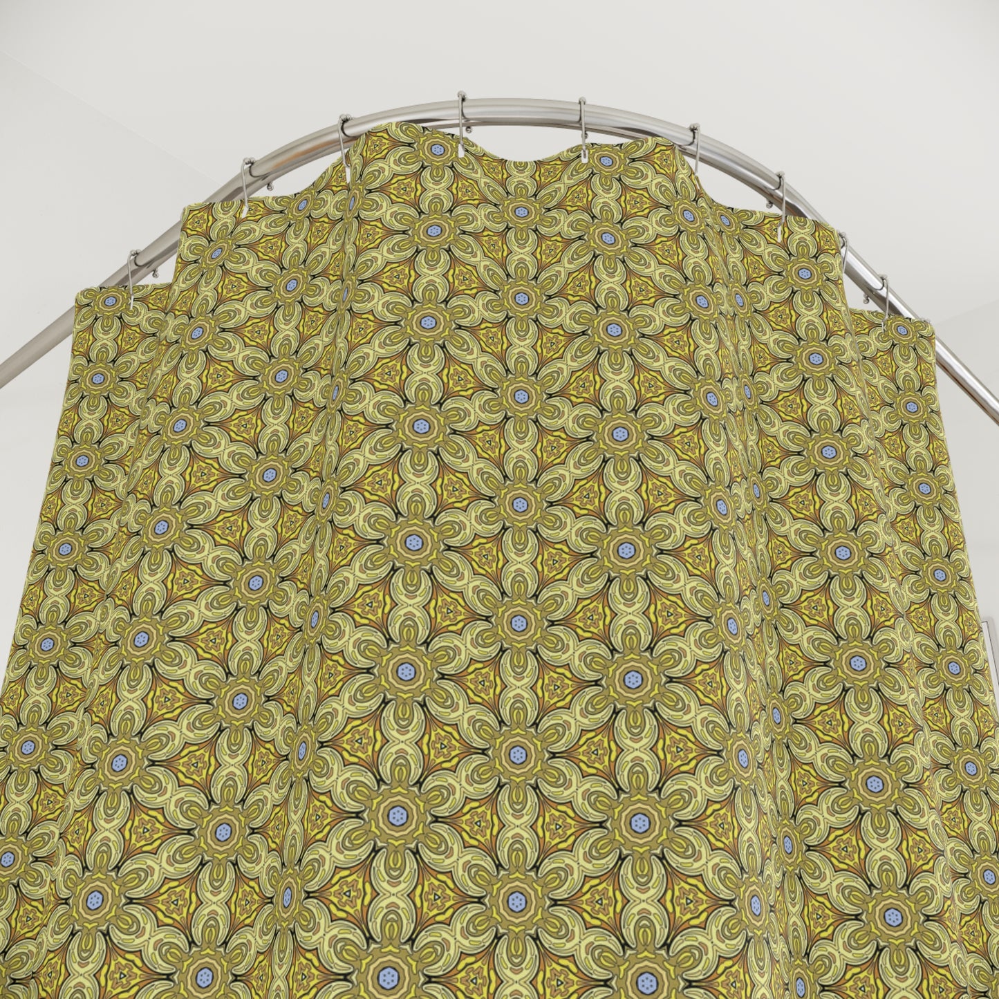 Retro Yellow Flowers Shower Curtain – Geometric Floral Bathroom Decor in Yellow and Green