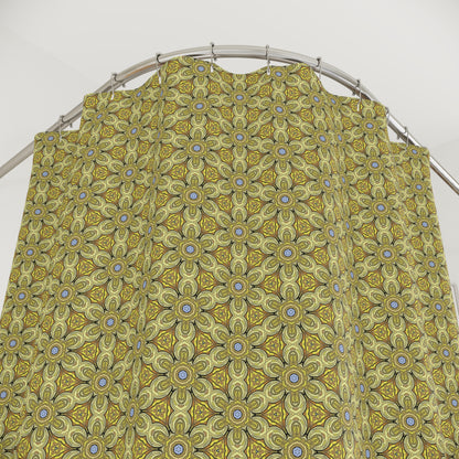 Retro Yellow Flowers Shower Curtain – Geometric Floral Bathroom Decor in Yellow and Green