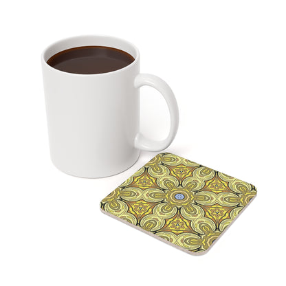 Retro Yellow Flowers Cork Coaster Set – Geometric Pattern Drink Coasters for Home Decor