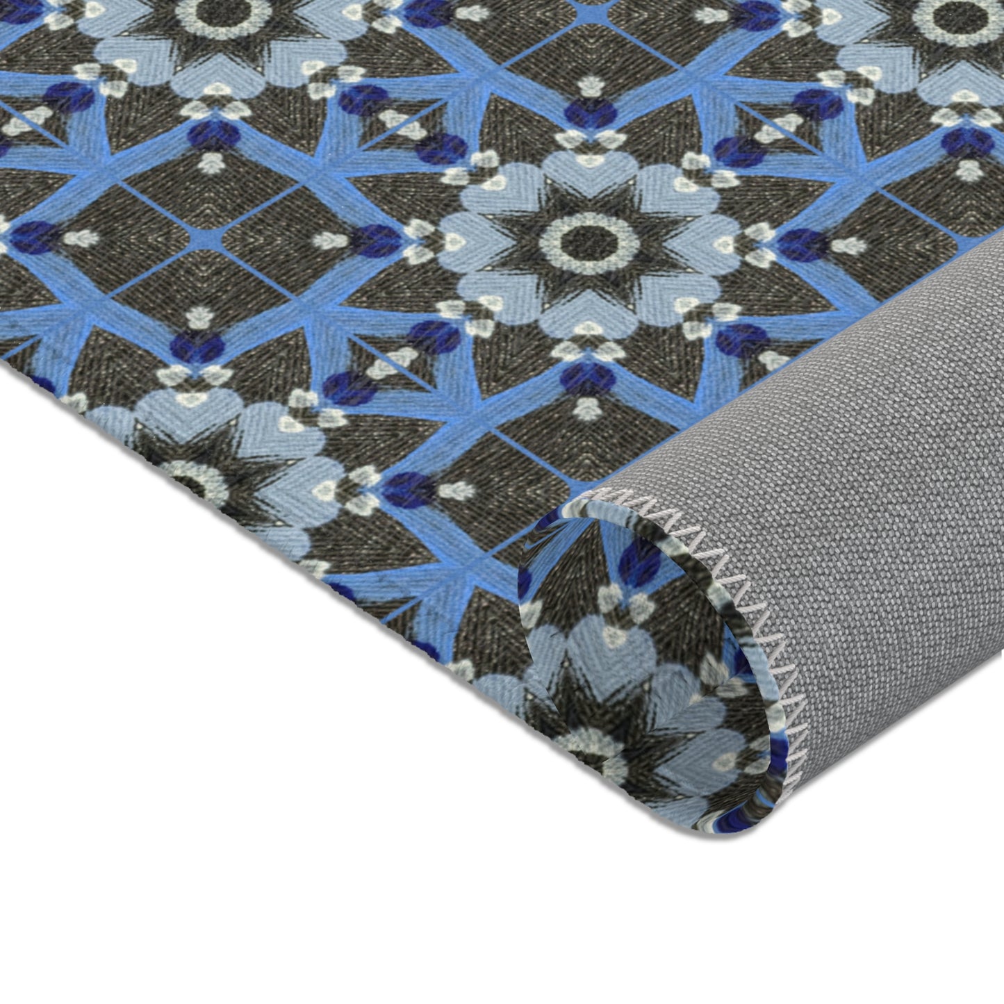 Blue Quilt Pattern Area Rug – Quilted Geometric Floor Mat, Patchwork Vintage Tile Living Room Accent