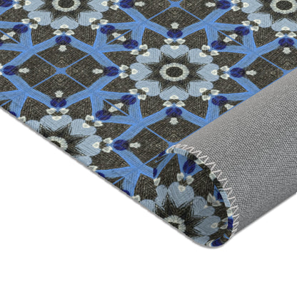 Blue Quilt Pattern Area Rug – Quilted Geometric Floor Mat, Patchwork Vintage Tile Living Room Accent