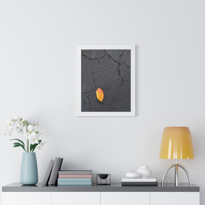 Orange Leaf on Black Concrete Framed Print – Minimalist Autumn Wall Art for Urban and Modern Rustic Decor