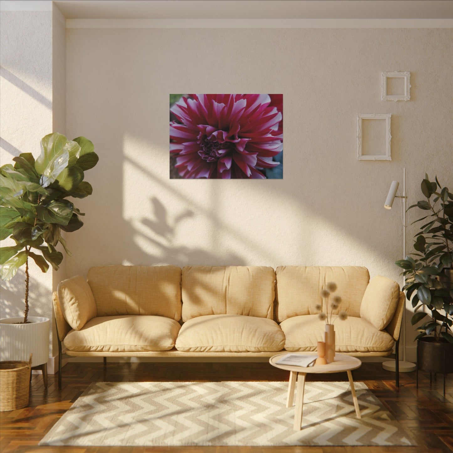 Red and White Dahlia Canvas Print – Bright Floral Nature Photography Wall Art
