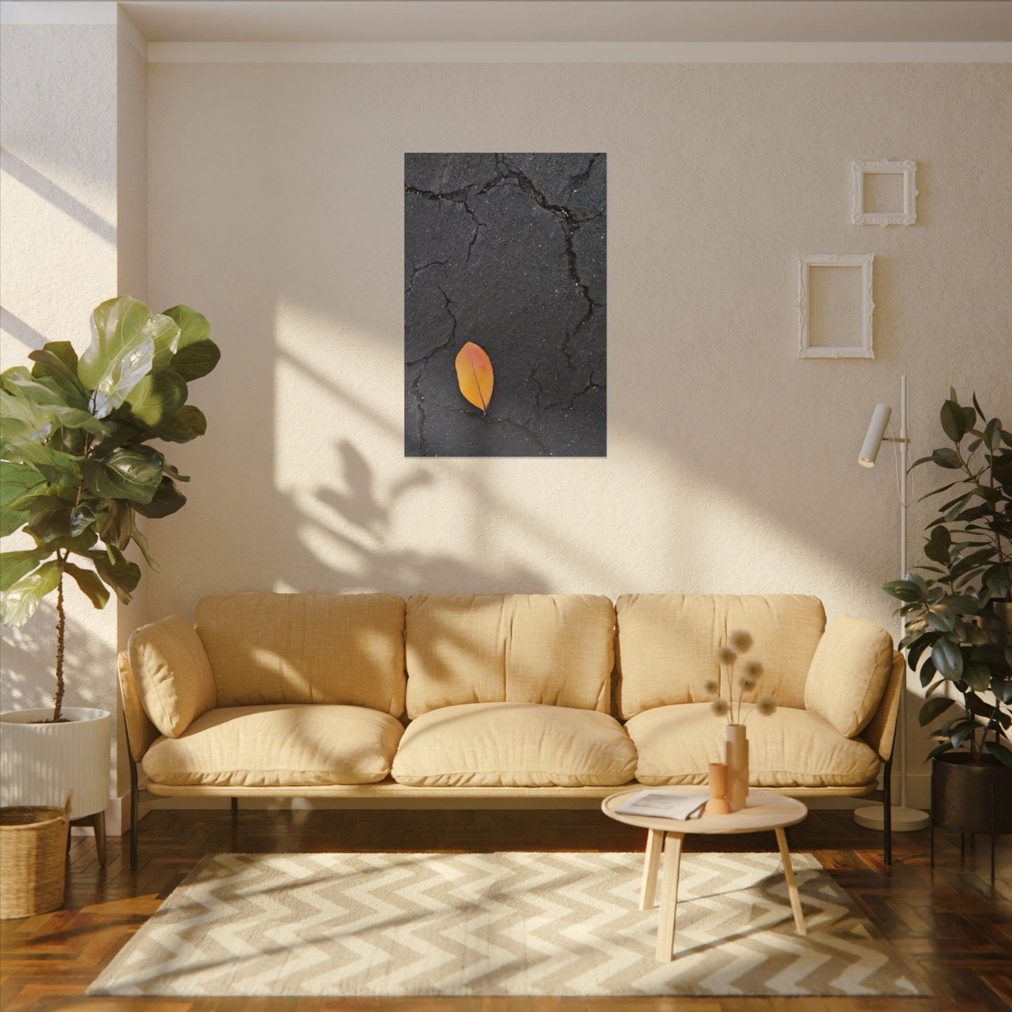 Orange Leaf Against Black Concrete Minimalistic Canvas Print – Contemporary Nature Photography Wall Art