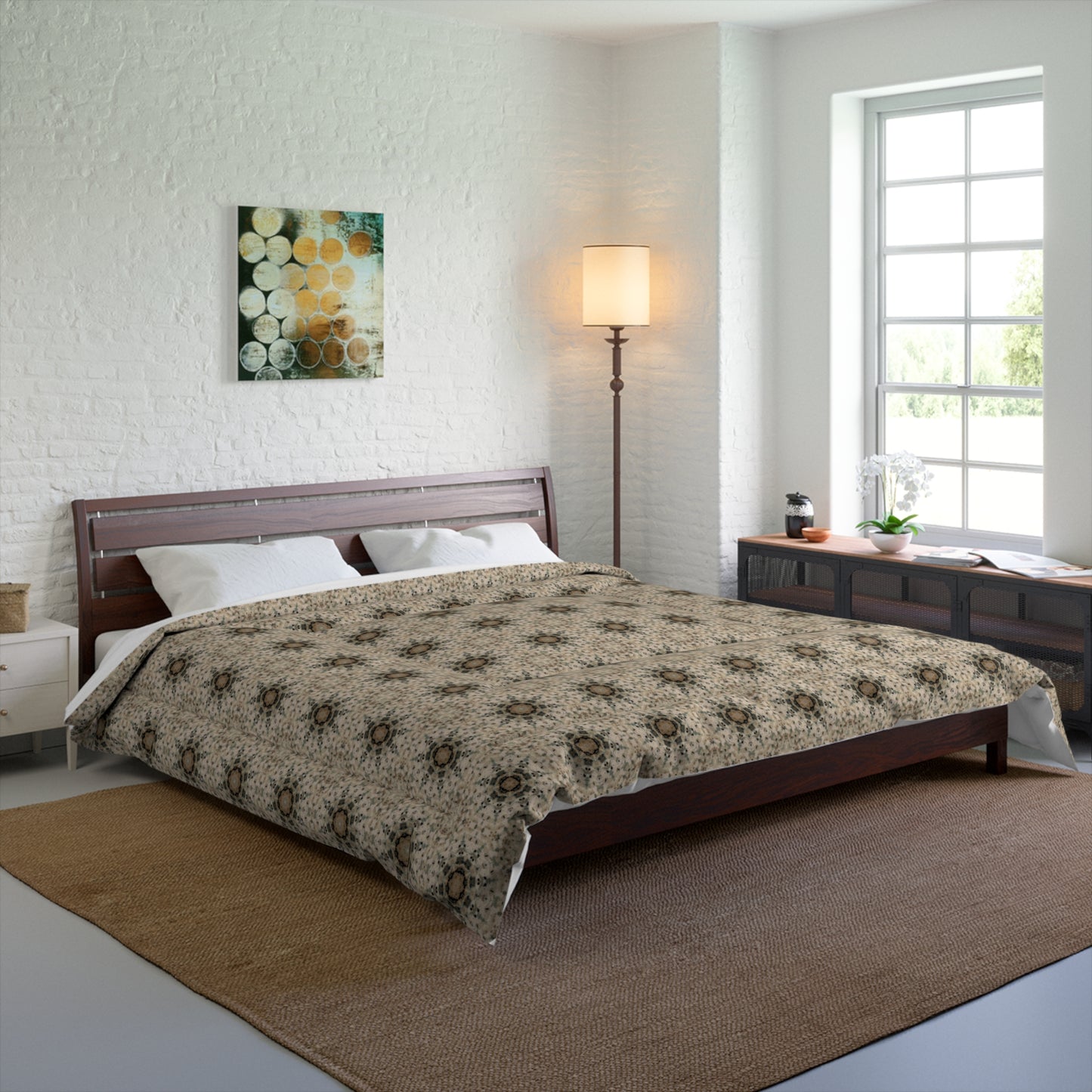 Desert Suns Comforter – Boho Sunburst Bedding, Beige Neutral Tones Mandala Design