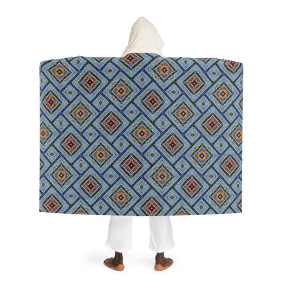 Blue Fusion Tiling Hooded Blanket – Blue Geometric Wearable Throw, Modern Tile Pattern for Cozy Comfort