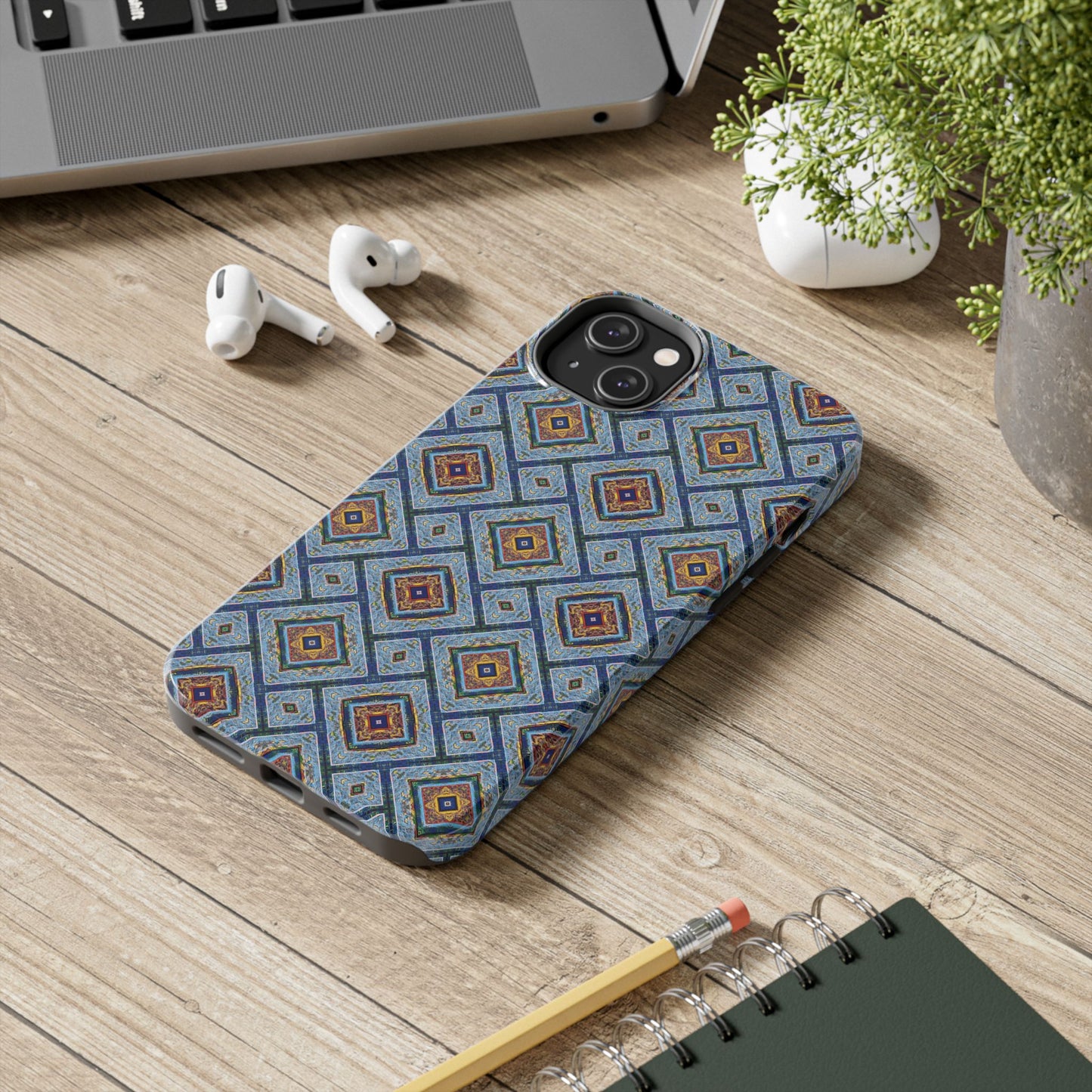 Blue Fusion Tiling Tough Case – Blue Geometric Phone Case, Modern Diamond Pattern Cover, Abstract Tile Design