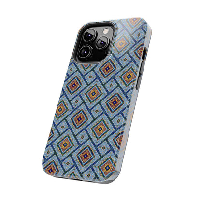 Blue Fusion Tiling Tough Case – Blue Geometric Phone Case, Modern Diamond Pattern Cover, Abstract Tile Design