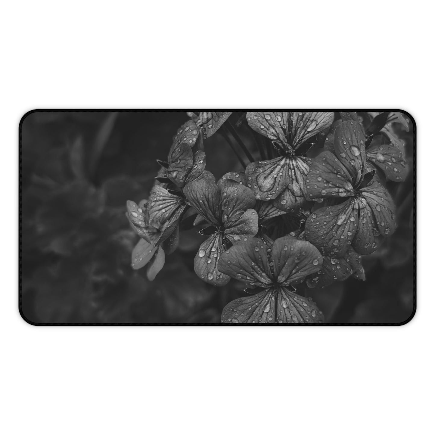 Geranium After a Light Rain Desk Mat – Moody Botanical Floral Art, Monochrome Nature-Inspired Workspace Decor