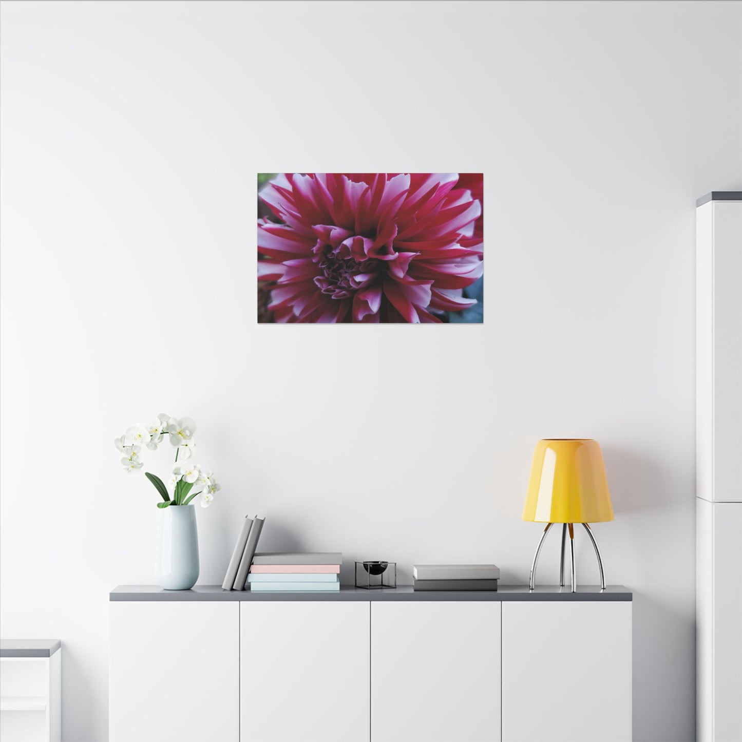 Red and White Dahlia Canvas Print – Bright Floral Nature Photography Wall Art