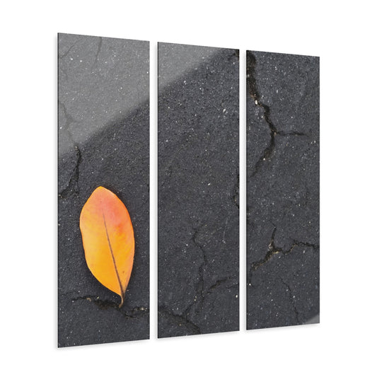 Orange Leaf on Black Concrete Acrylic Triptych – Modern Autumn Three-Panel Wall Art for Nature-Inspired Decor